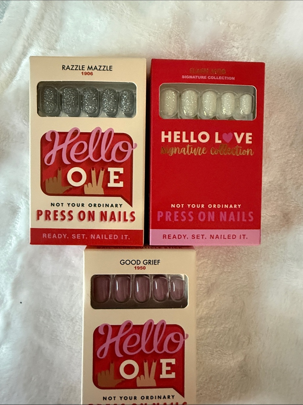 Hello Love Press-On Nails - Gray Glitter & White Sparkle & Mauve Shades (3-Pack)